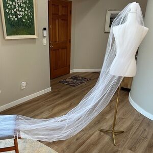 Long White Tulle 110” Veil With Tiny White Pearls